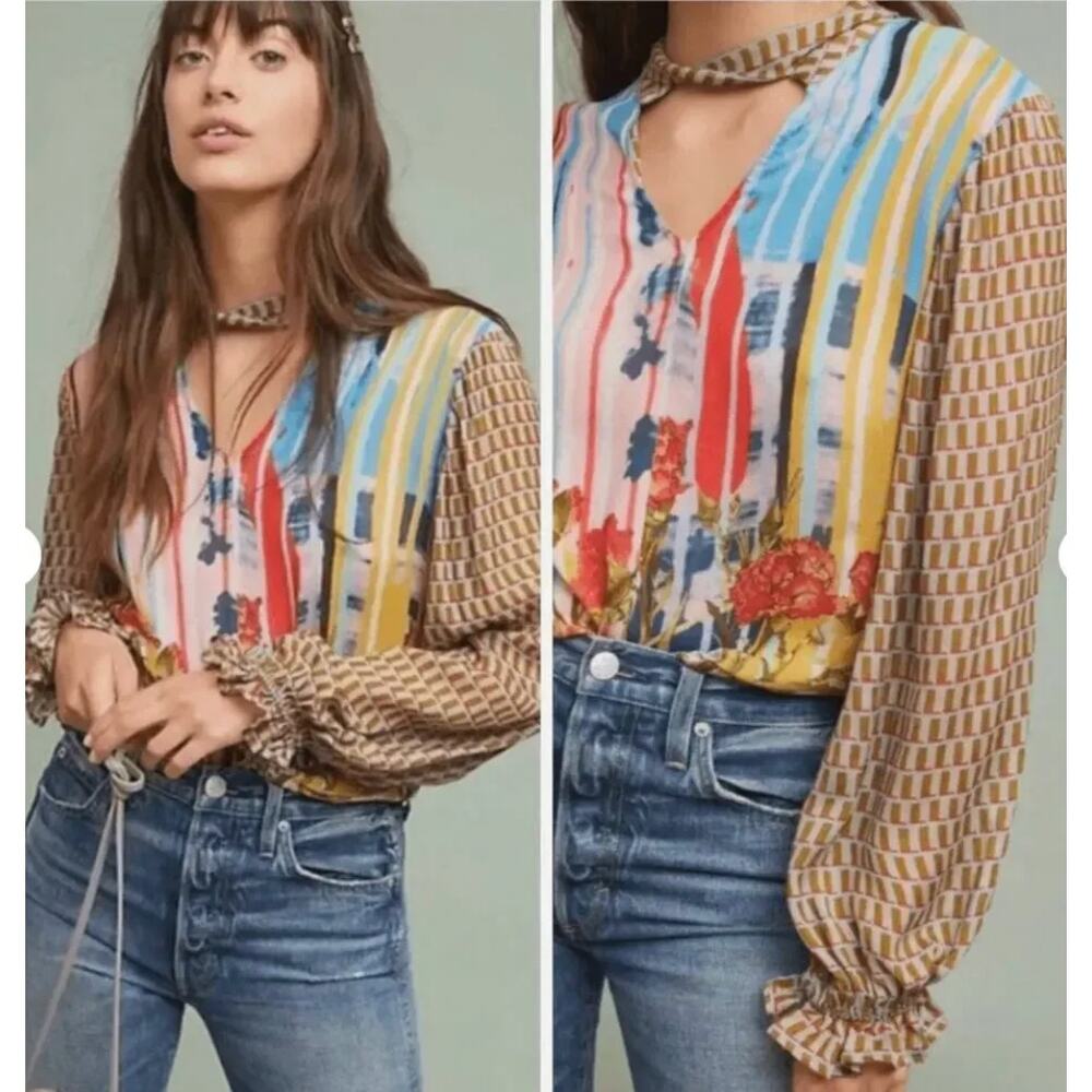 Conditions Apply Retro Peasant Blouse Medium Boho Sheer Floral Stripe
